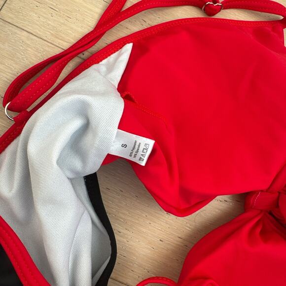 QEARAL Red Tie Front Bikini Top Black High-Waist Thong One Piece Swim | Small - Picture 3 of 7